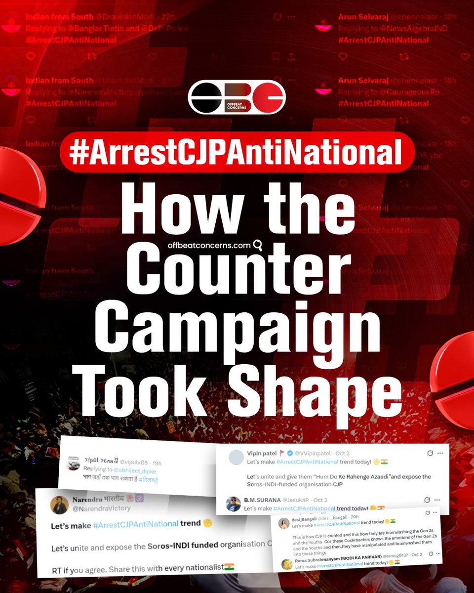 OffBeatConcerns's tweet photo. How did the hashtag "ArrestCJPAntiNational" emerge and spread on X?
OBC traces the accounts, messaging patterns and amplification methods behind the campaign.
#OffbeatConerns #OBC #OSINT #FactCheck #Disinformation #DigitalInvestigation #CJP #AbhijeetDipke https://t.co/J5Gr4Kw8EN