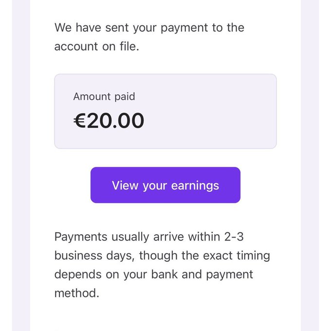 A payment confirmation screen shows €20.00 has been paid to the user's account, with a "View your earnings" button and a note that payments typically arrive within 2-3 business days, illustrating the earnings potential mentioned in the post about Nigerian students and graduates earning money through online AI assessment tasks.