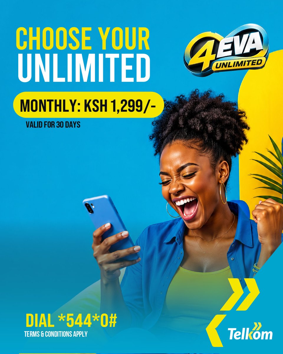 TelkomKenya's tweet photo. 🚀 Unlimited Internet is as easy as 4EVA Unlimited Data!

Choose the plan that works for you: 
⏰ Hourly | Daily | Weekly | Monthly

Stay connected without worrying about data limits. 🔥
Dial *544*0# and choose your Unlimited package now! https://t.co/8V5hSwaoAT