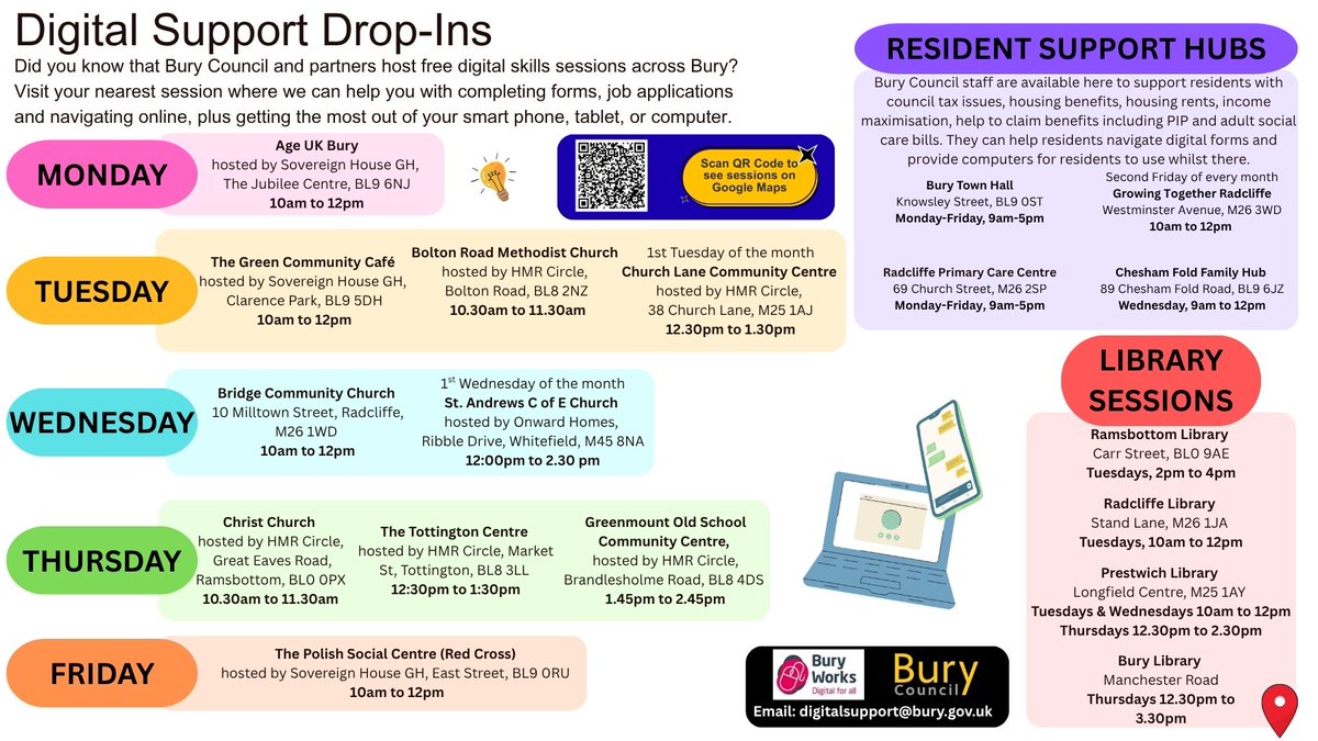 older_team's tweet photo. 📱 Free Digital Support Drop-Ins are available across Bury, helping residents with online forms, job applications, digital skills and accessing services.

💻 Find a session near you below.

#DigitalSupport #Bury #CommunitySupport #DigitalInclusion https://t.co/B1fydXqX0u