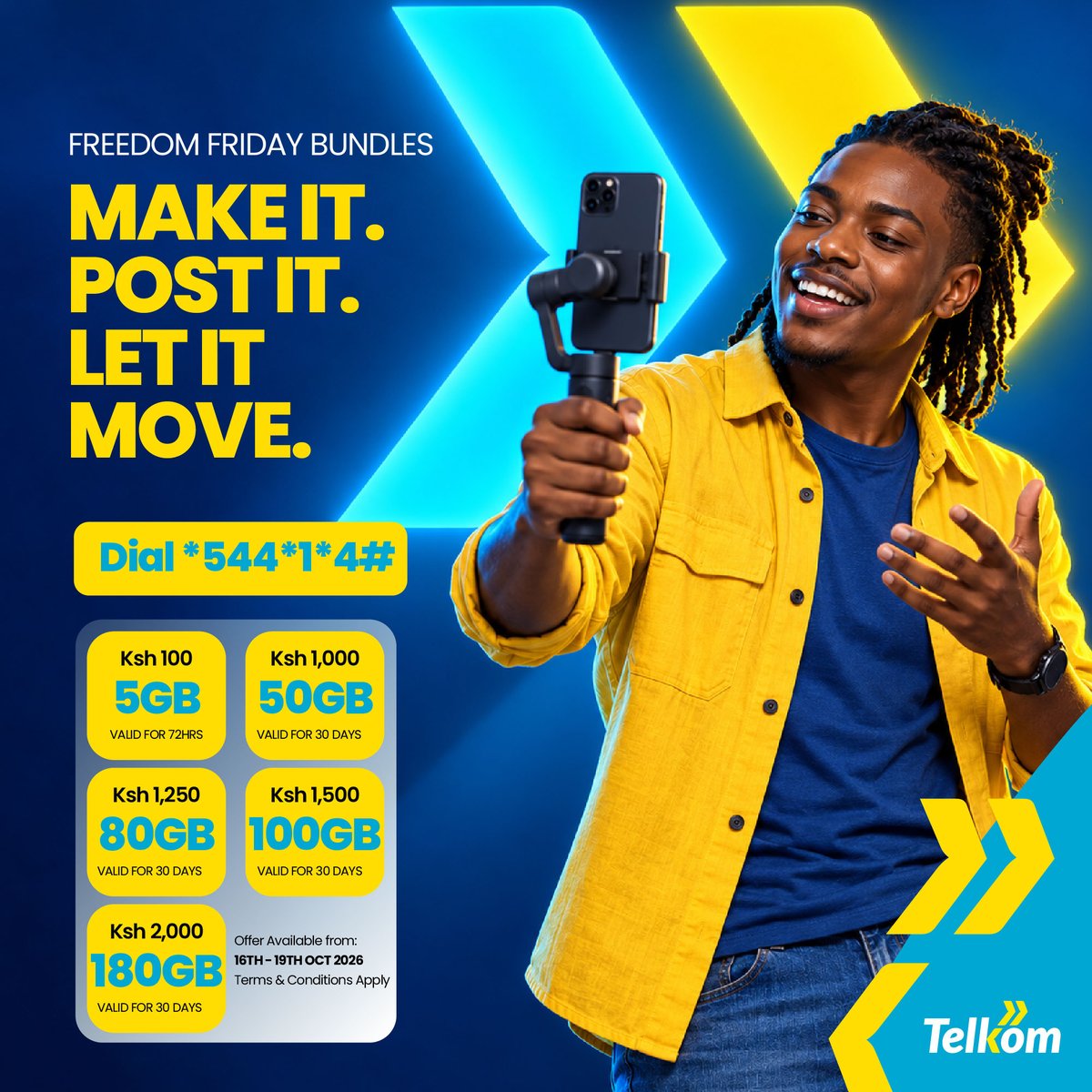 TelkomKenya's tweet photo. 🔥 Weekend vibes are calling!

Need internet? Freedom Friday is here. Choose your favourite weekend or monthly bundle and start the weekend right.

📱 5GB @ Ksh 100 | Valid 72 Hrs
📱 50GB @ Ksh 1,000 | Valid 30 Days
📱 180GB @ Ksh 2,000 | Valid 30 Days

Dial *544*1*4# now! https://t.co/b8f8OjILJU