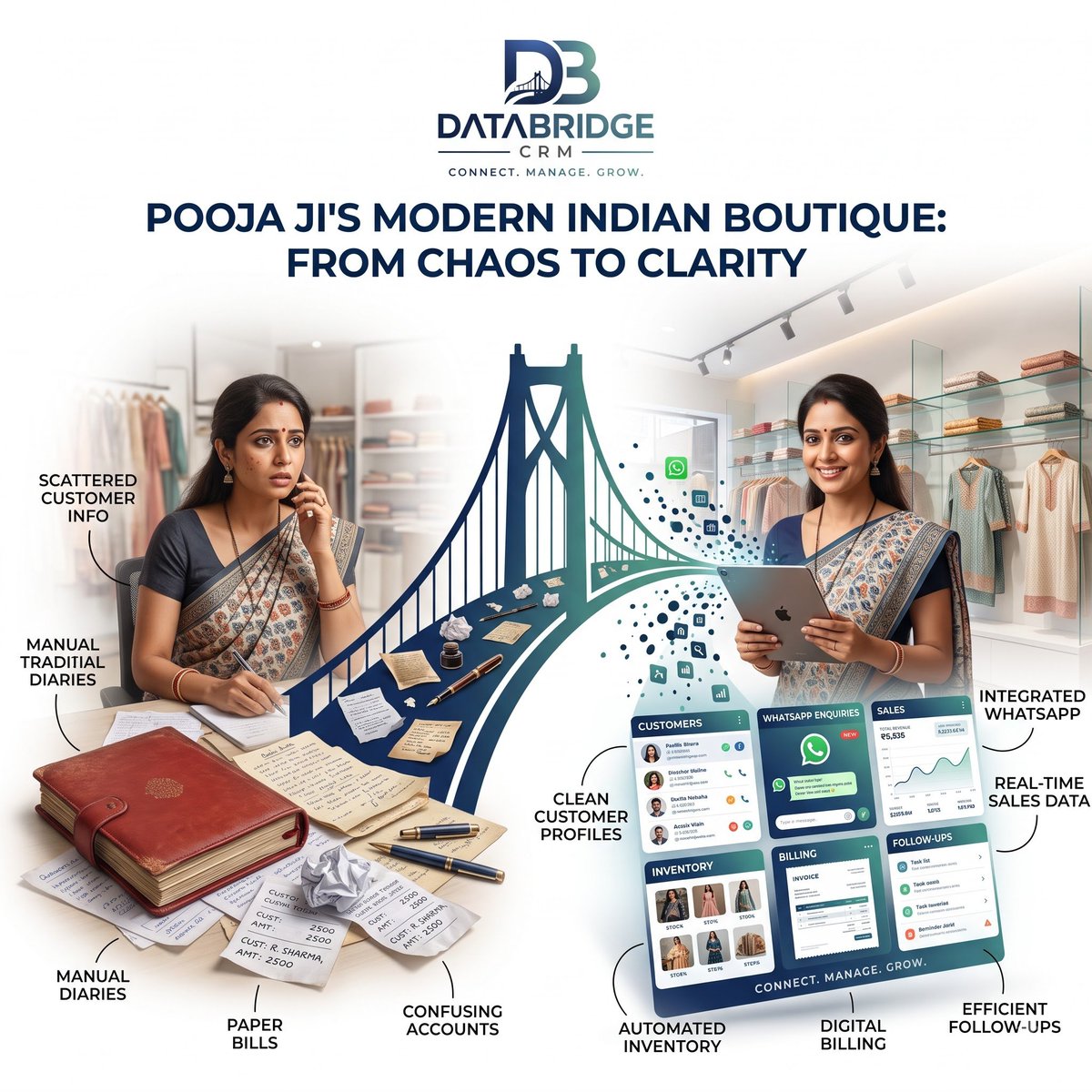 Databridge_crm's tweet photo. 🛍️ Chaos se clarity tak!

Scattered customer data, manual diaries aur paper bills ko replace karein with clean profiles, digital billing, inventory &amp; automated follow-ups. 🚀

DataBridge CRM — Smart Business, Better Growth.

#DataBridgeCRM #CRM #BusinessGrowth https://t.co/6nv3QcbxdO