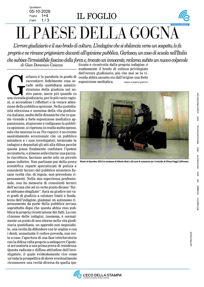 gdcaiazza's tweet photo. #Garlasco Tutto il Paese si scandalizza alla notizia che la Polizia Giudiziaria non avrebbe comunicato, nemmeno al Pubblico Ministero, l’esito di due successivi esami del DNA che smentivano il primo, subito pubblicamente valorizzato come la prova regina della colpevolezza di Alberto Stasi. Ma nella quotidiana realtà giudiziaria, la difesa strenua da parte degli investigatori della propria ipotesi accusatoria assomiglia molto più alla regola che all’eccezione. Una mia riflessione sul Foglio👇👇