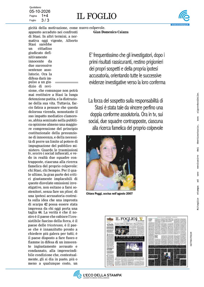 gdcaiazza's tweet photo. #Garlasco Tutto il Paese si scandalizza alla notizia che la Polizia Giudiziaria non avrebbe comunicato, nemmeno al Pubblico Ministero, l’esito di due successivi esami del DNA che smentivano il primo, subito pubblicamente valorizzato come la prova regina della colpevolezza di Alberto Stasi. Ma nella quotidiana realtà giudiziaria, la difesa strenua da parte degli investigatori della propria ipotesi accusatoria assomiglia molto più alla regola che all’eccezione. Una mia riflessione sul Foglio👇👇
