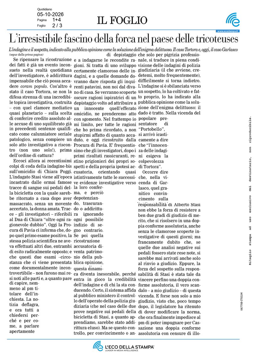 gdcaiazza's tweet photo. #Garlasco Tutto il Paese si scandalizza alla notizia che la Polizia Giudiziaria non avrebbe comunicato, nemmeno al Pubblico Ministero, l’esito di due successivi esami del DNA che smentivano il primo, subito pubblicamente valorizzato come la prova regina della colpevolezza di Alberto Stasi. Ma nella quotidiana realtà giudiziaria, la difesa strenua da parte degli investigatori della propria ipotesi accusatoria assomiglia molto più alla regola che all’eccezione. Una mia riflessione sul Foglio👇👇