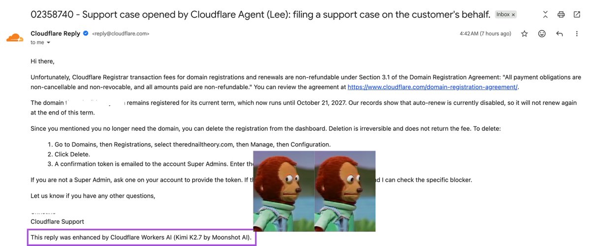 aiadsmaxxing's tweet photo. Not Cloudflare using Kimi K2.7 as their main agent... 👀🇨🇳

Anyone still questioning big companies implementing AI (LLMs) without knowing what they are doing? They don't even use the newer K3 version of Kimi

(However, I have no problems with it personally. Their agent can really help with things with read and write access, shoutout to the team)