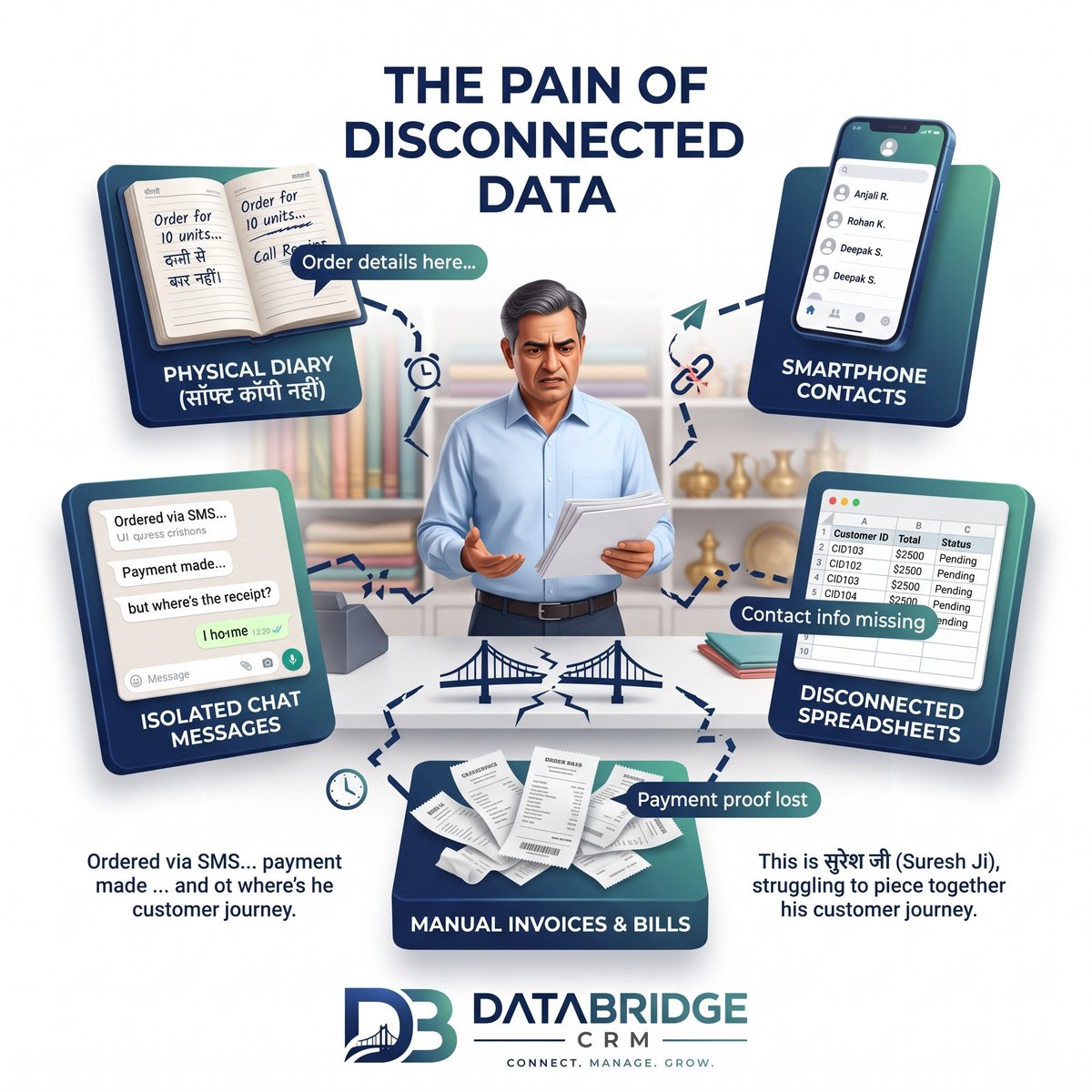 Databridge_crm's tweet photo. 📊 Disconnected data = lost time &amp; missed opportunities.

Diaries, chats, spreadsheets aur manual bills ko ek connected system mein laayein with DataBridge CRM. 🚀

Connect. Manage. Grow.

#DataBridgeCRM #CRM #BusinessManagement https://t.co/pKdotRMYml