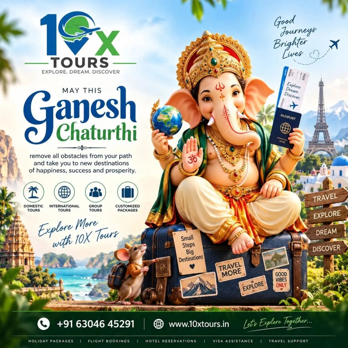 surewood's tweet photo. May Lord Ganesha bless every journey with happiness, success and prosperity. Celebrate Ganesh Chaturthi with 10X Tours and explore unforgettable domestic and international experiences, customized packages, flights, hotels and visa assistance. https://t.co/xjFyQbtEgr