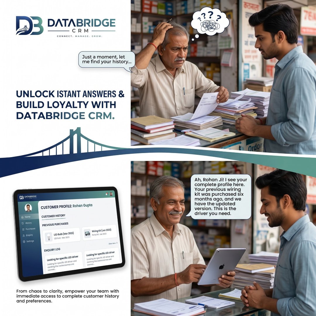 Databridge_crm's tweet photo. 🔍 Customer history dhoondhne mein time waste mat karo!

DataBridge CRM se customer history, purchases &amp; preferences ka instant access pao. 🚀

Better insights. Better service. Better loyalty.

#DataBridgeCRM #CRM #CustomerExperience https://t.co/HTdqdw6TIC