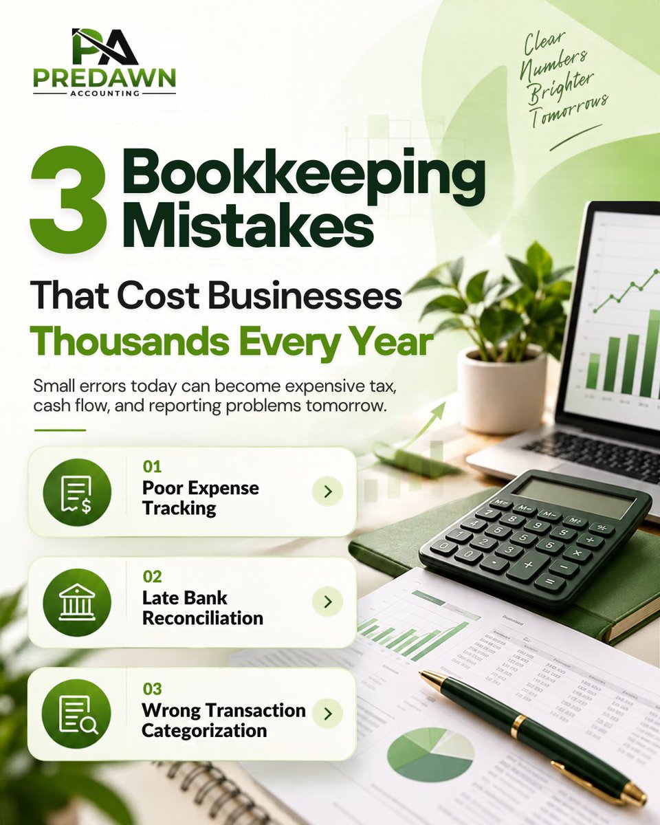 Predawnacc's tweet photo. Small bookkeeping mistakes become expensive problems. Poor expense tracking, late reconciliations, and wrong categorization can hurt your cash flow and decision-making. Clean books build stronger businesses. Which mistake do you see most often?

#Bookkeeping #PredawnAccounting https://t.co/x1eqEMCGWM
