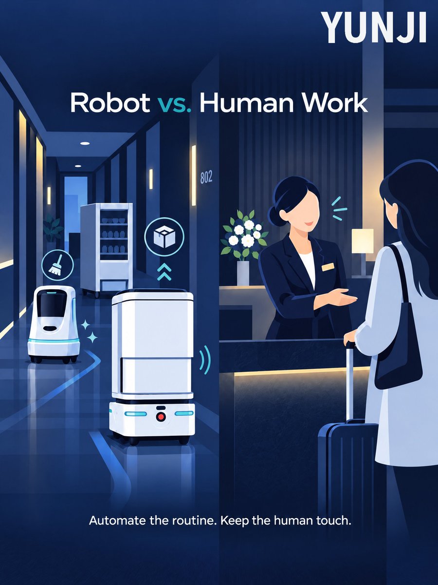 YunjiTechnology's tweet photo. Robots don't have to replace people.
They can take care of repetitive work, so people have more time for the work that matters.
Automate the routine. Keep the human touch.
#YunjiTechnology #Hospitality #Robotics #HotelTechnology #Automation #ServiceRobots https://t.co/HX4xLT5KPy