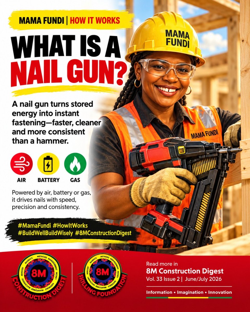 8MDigestLtd's tweet photo. WHAT IS A NAIL GUN?

From muscle power to stored energy;
one tool, faster fastening, cleaner work.
Build faster. Build smarter. https://t.co/OpUcfeft21
#MamaFundi #HowItWorks #ConstructionKnowledge #8MConstructionDigest https://t.co/6zzDLLrXqH