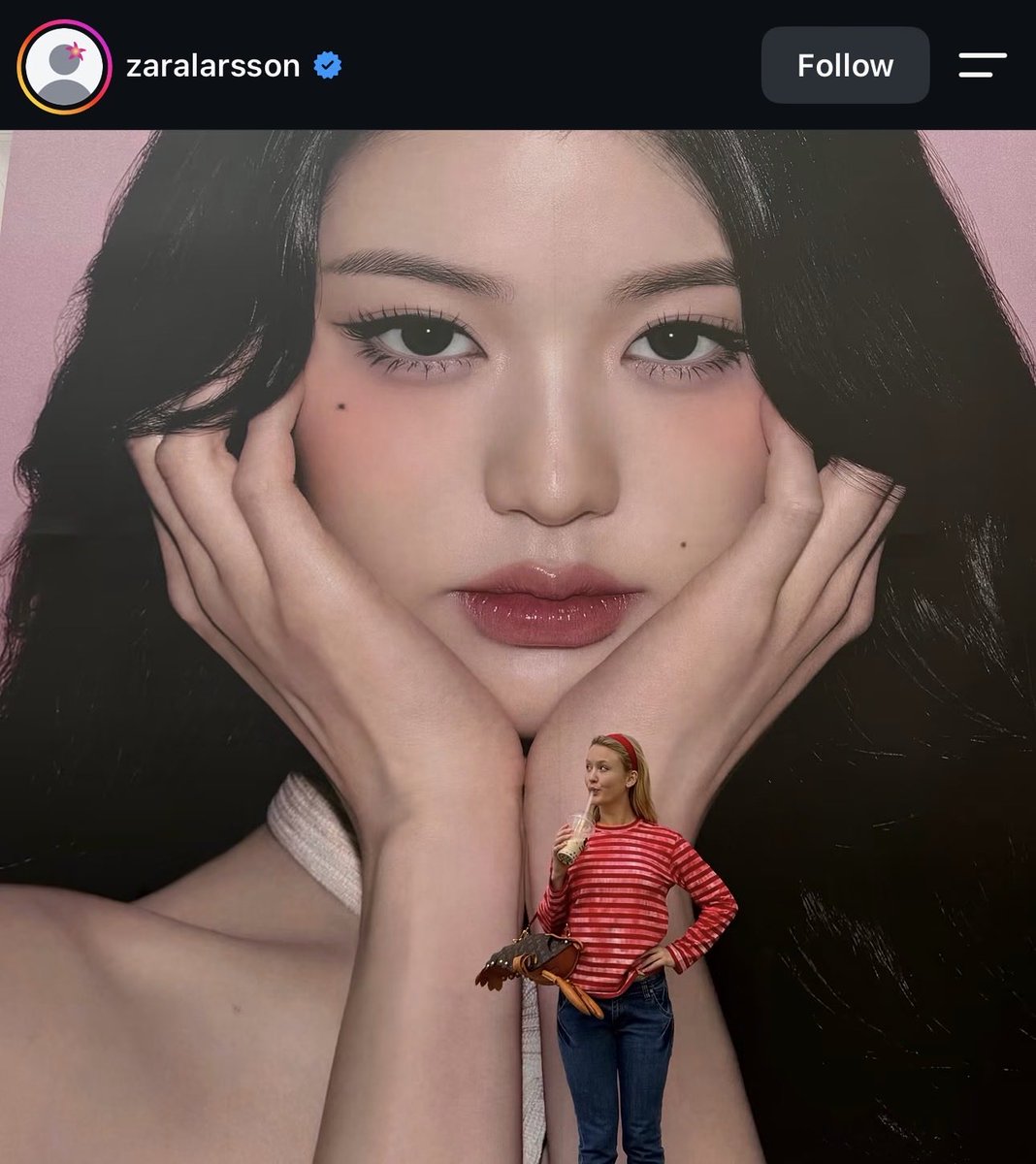 wonyaura's tweet photo. zara larsson posting a pic with a large ass wonyoung ad behind during her tour stop in korea… tell me wonyoung isn’t a national landmark 😭 https://t.co/4twA5nP6qS