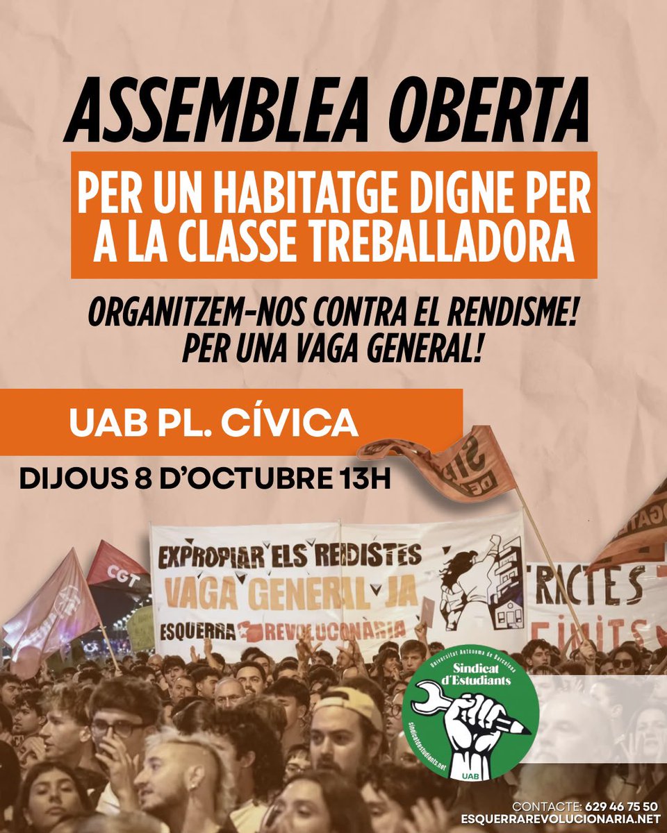 EsqRevoluciona's tweet photo. Per un habitatge digne per a la classe obrera. La lluita de masses ha provocat un terratrèmol. És el moment de seguir apretant per a aconseguir-ho tot!

Vine a debatre sobre com impulsem la vaga general:
💥 Dimecres 7 - C/ del Carme 95 BCN
💥 Dijous 8 - UAB
💥 Dijous 8 - UB Raval https://t.co/yedA2PsBtz