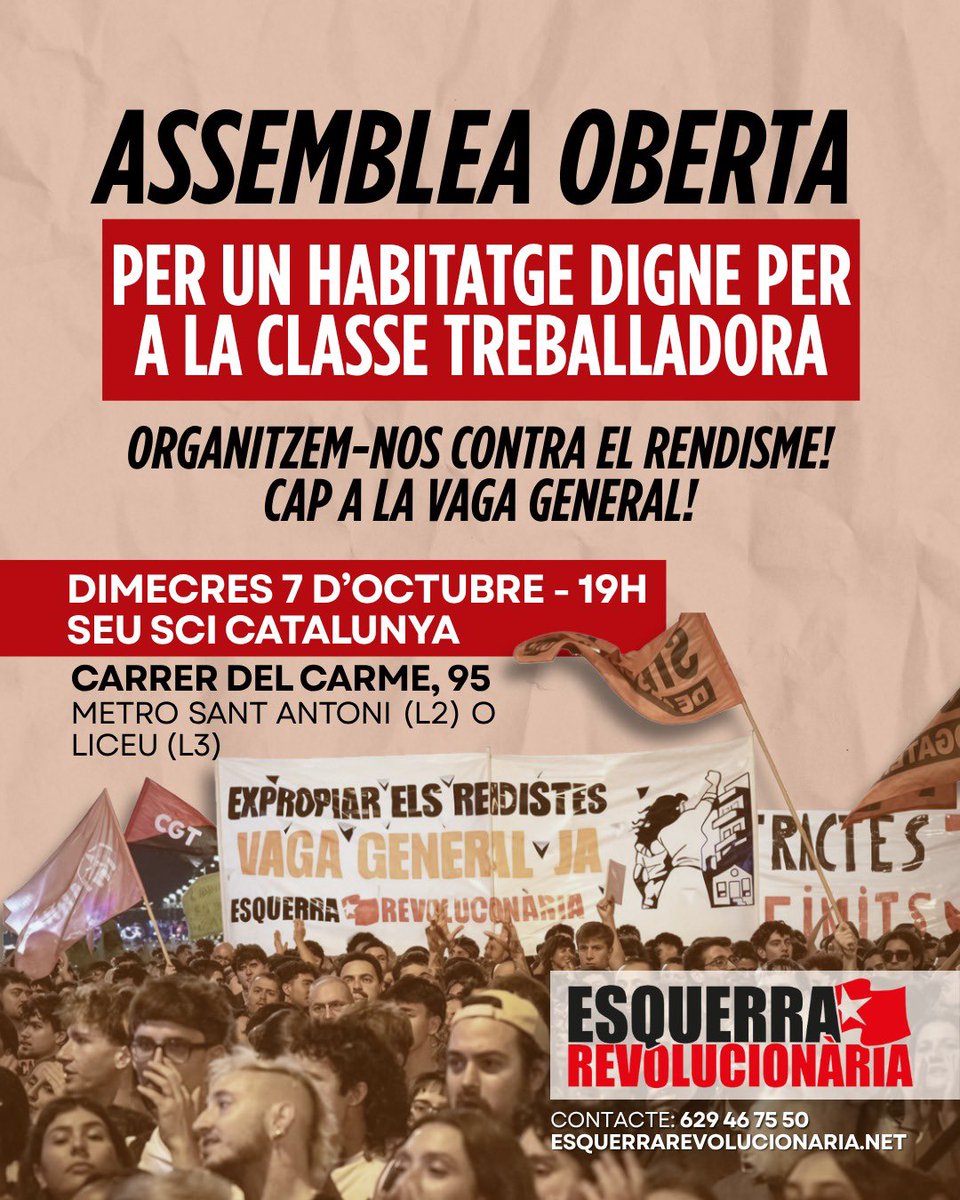 EsqRevoluciona's tweet photo. Per un habitatge digne per a la classe obrera. La lluita de masses ha provocat un terratrèmol. És el moment de seguir apretant per a aconseguir-ho tot!

Vine a debatre sobre com impulsem la vaga general:
💥 Dimecres 7 - C/ del Carme 95 BCN
💥 Dijous 8 - UAB
💥 Dijous 8 - UB Raval https://t.co/yedA2PsBtz