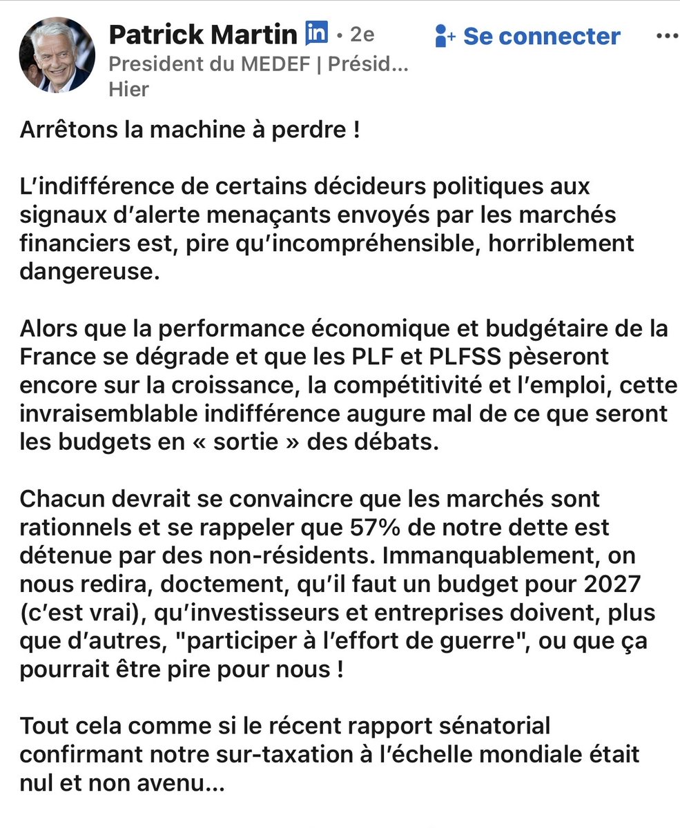 SoyonsPrecisGv's tweet photo. .@PatrickMartin_1 

20 Md€ de prélèvements supplémentaires sur les entreprises ? C’est faux.

En retenant l’ensemble des mesures qui concernent les entreprises, l’effort supplémentaire prévu en 2027 est de 6,5 Md€. Trois fois moins.

8 Md€ d’économies perdues avec la suspension de la réforme des retraites ? C’est faux.

La suspension coûtera 1,4 Md€ en 2027.

8 Md€ de baisse des allègements de charges ? C’est faux.

Le barème des allègements est gelé, mais un gel n’est pas une baisse. La baisse effective des allègements représente 2,8 Md€.

Sources : Haut Conseil des finances publiques, PLF 2027 et PLFSS 2026.

Soyons précis.