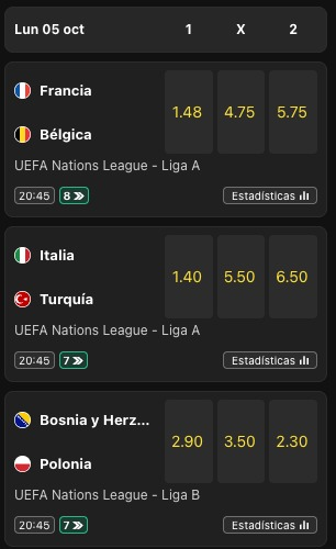 _allsportspicks's tweet photo. Hoy hay 3 partidos de la Nations que se juegan a la misma hora y tienen muchas cosas en común. Hemos descubierto una cuota 191 muy tocha

🇫🇷 Francia - Bélgica 🇧🇪
🇮🇹 Italia - Turquía 🇹🇷
🇧🇦 Bosnia y Herzegovina - Polonia 🇵🇱 https://t.co/NOiuf1cIH8