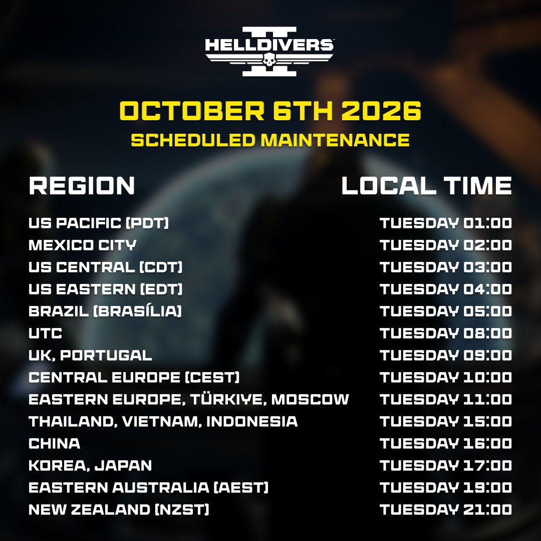 helldivers2's tweet photo. WARNING: Galactic Network Maintenance will occur on Tuesday, October 6th @ 8:00 UTC. Any Helldivers remaining in-atmosphere during the blackout may be lost along with any rewards.

Backend maintenance will last 2 hours. Follow Super Earth communication channels for updates. https://t.co/GBEQ5GEdet