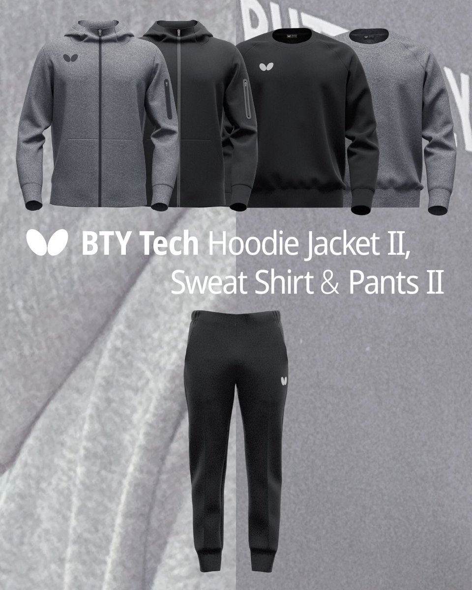 BUTTERFLY_JAPAN's tweet photo. 伸縮性と肌触りの良さを兼ね備えたBTYテックシリーズは、スウェットシャツとフーディージャケットにパンツがラインナップ。トレーニングや練習や試合の間など、さまざまなシーンで活躍します。
https://t.co/UdN7BnExNe
#バタフライ #卓球 #カジュアル #butterfly #tabletennis #casualstyle https://t.co/IBCh4h4aCm