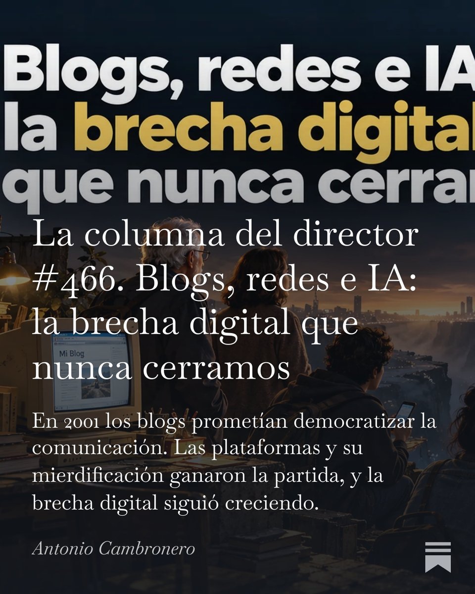 blogpocket's tweet photo. La columna del director #466. Blogs, redes e IA. la brecha digital que nunca cerramos.

Suscríbete en: https://t.co/KvFBOPovg4

En 2001 los blogs prometían democratizar la comunicación.

https://t.co/GTZMJAKliO https://t.co/yr0KKtHRzm