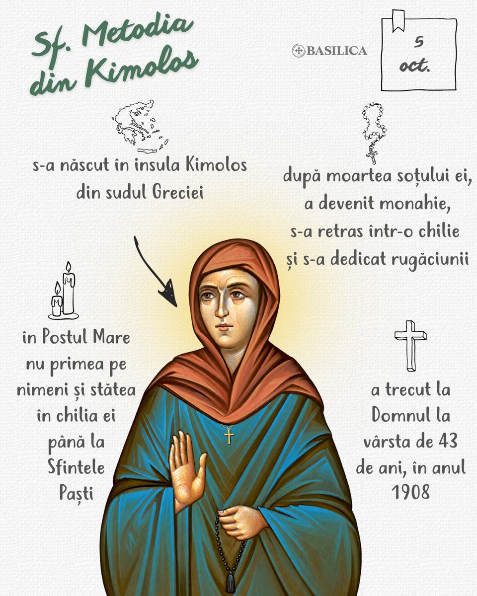 AgentiaBasilica's tweet photo. Sf. Metodia din Kimolos  🗓️ 5 octombrie

▫️Sfânta Metodia s-a născut în anul 1865 în insula Kimolos din Arhipelagul Cicladelor, sudul Greciei, într-o familie credincioasă. 

▫️Din copilărie și-a dorit să-și dedice viața slujirii Bisericii, dar părinții ei au căsătorit-o cu un marinar din insula Hios. La scurtă vreme după cununie, soțul ei a murit în timpul unei călătorii în Asia Mică. 

▫️Sfânta și-a putut împlini astfel dorința sufletului și a primit tunderea în monahism în Mănăstirea „Maicii Domnului Îndrumătoarea” din insula ei natală. S-a retras într-o chilie strâmtă, unde s-a dăruit rugăciunii neîncetate, privegherii și postului aspru. 

▫️În Postul Mare nu primea pe nimeni și stătea în chilia ei până la Sfintele Paști. Pentru a se feri de ispite, cuvioasa Metodia primea doar femei. Credincioasele care veneau la ea, căutând vindecare sufletească sau trupească, se întorceau mereu pline de bucurie datorită întâlnirii cu sfânta. 

▫️Femeile primeau, de asemenea, de la Sfânta Metodia ulei de la candela care ardea în chilie și sfaturi pentru viața duhovnicească. 

▫️Sfânta a trecut la Domnul la vârsta de 43 de ani, în anul 1908.