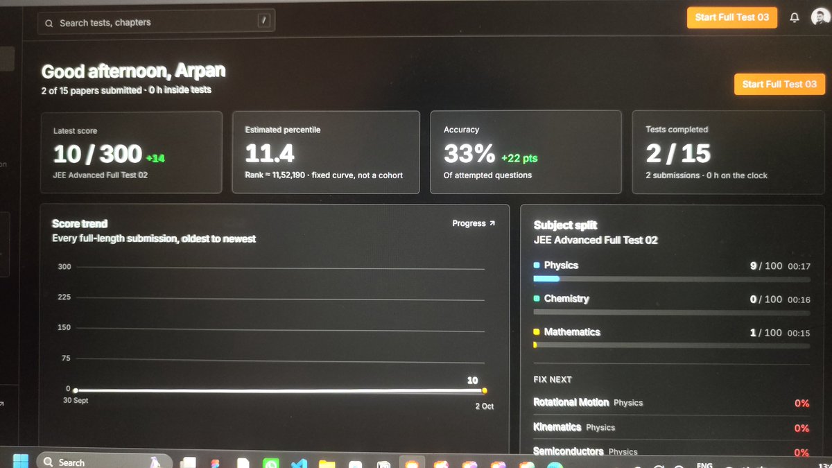 Mukherjee_ar's tweet photo. Today I worked on the student dashboard for our JEE test series.

A raw score doesn't tell a student what to fix. So the dashboard shows:

- Score trend across every full-length test
- Estimated percentile
- Accuracy, with change since the last attempt https://t.co/szkse79p61