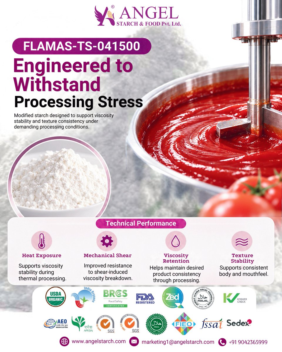 angel_starch's tweet photo. Heat and shear thinning your sauce on the line?
FLAMAS-TS-041500 supports viscosity stability in thermal processing and resists shear-induced breakdown.
https://t.co/HD0Rv4jTcY

#ModifiedStarch #FoodInnovation #Angelstarch https://t.co/haFiJIN7eN