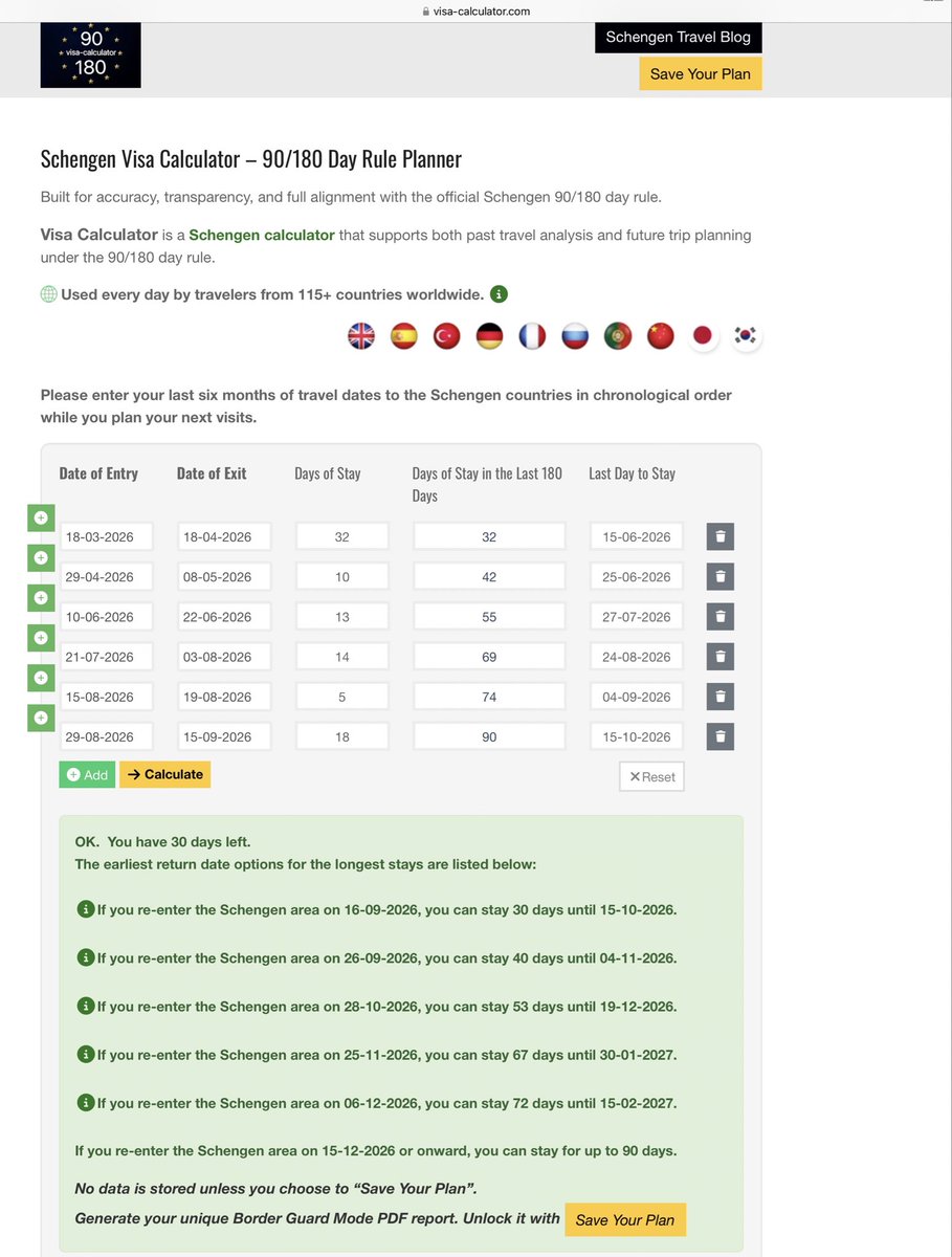 SchengenEES's tweet photo. Planning your next Schengen trip?

Knowing how many days you have left is important. But planning your next trip is even more important.

Visa Calculator takes your previous travel history into account and shows you 𝐭𝐡𝐞 𝐞𝐚𝐫𝐥𝐢𝐞𝐬𝐭 𝐫𝐞𝐭𝐮𝐫𝐧 𝐝𝐚𝐭𝐞 𝐨𝐩𝐭𝐢𝐨𝐧𝐬 𝐟𝐨𝐫 𝐭𝐡𝐞 𝐥𝐨𝐧𝐠𝐞𝐬𝐭 𝐩𝐨𝐬𝐬𝐢𝐛𝐥𝐞 𝐬𝐭𝐚𝐲𝐬.

So instead of repeatedly checking dates and doing the calculations yourself, you can simply 𝘀𝗲𝗲 𝘆𝗼𝘂𝗿 𝗼𝗽𝘁𝗶𝗼𝗻𝘀 𝗮𝗻𝗱 𝗽𝗹𝗮𝗻 𝗮𝗵𝗲𝗮𝗱.

See your dates. Understand your options. Plan your next trip.

🌍 𝙑𝙞𝙨𝙖 𝘾𝙖𝙡𝙘𝙪𝙡𝙖𝙩𝙤𝙧 — 𝙎𝙘𝙝𝙚𝙣𝙜𝙚𝙣 𝙩𝙧𝙖𝙫𝙚𝙡 𝙥𝙡𝙖𝙣𝙣𝙞𝙣𝙜 𝙢𝙖𝙙𝙚 𝙨𝙞𝙢𝙥𝙡𝙚.

➡️ https://t.co/N0RQdDJIno

#SchengenOverstay #SchengenCalculator #VisaCalculator #Schengen90Days #SchengenTravel #SchengenTravelPlanner