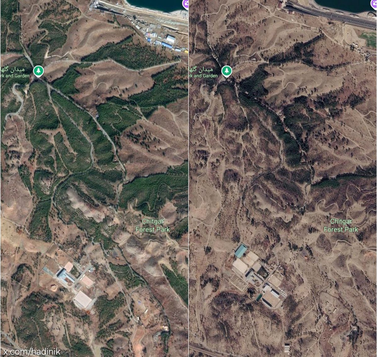 kheyzaran's tweet photo. مقایسه تصاویر ماهواره‌ای چیتگر با دو سال قبل، عمق فاجعه نابودی این ریه تنفسی را آشکار می‌کند؛ فاجعه‌ای که بخش عمده آن بین سال‌های ۱۴۰۲ تا ۱۴۰۵ رخ داده است. اگر دستگاه قضایی علاقه دارد به دنبال عوامل نفوذ بگردد، باید به پرونده نابودی و قطع ۳۰ هزار اصله درخت در چیتگر ورود کند. مدیریت پارک در دست شهرداری است و علیرضا زاکانی به جای نمایش‌های تبلیغاتی باید جوابگوی خشک شدن چیتگر باشد.
#کارنامه_زاکانی
