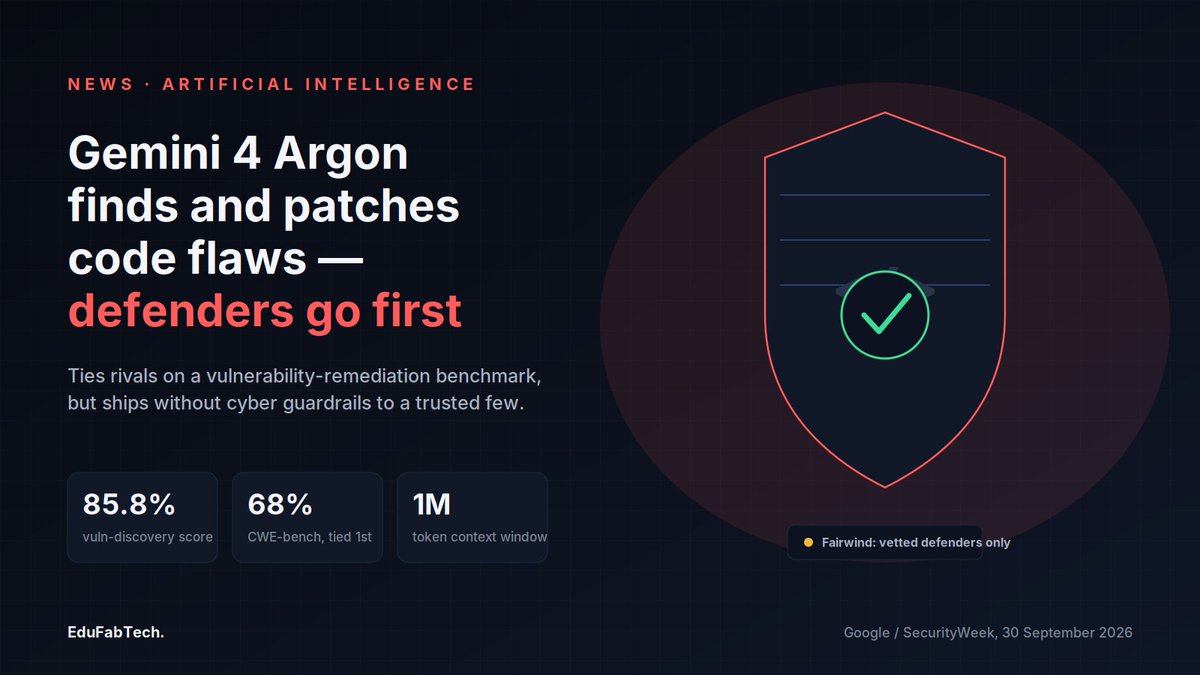EduFabTech's tweet photo. Google's Gemini 4 Argon Finds and Patches Code Flaws, for Vetted Defenders First

#AIBenchmarks #AISafety #ArtificialIntelligence #Cybersecurity #SoftwareEngineering

https://t.co/TSyQf83WSY https://t.co/UnnL0WbCTh