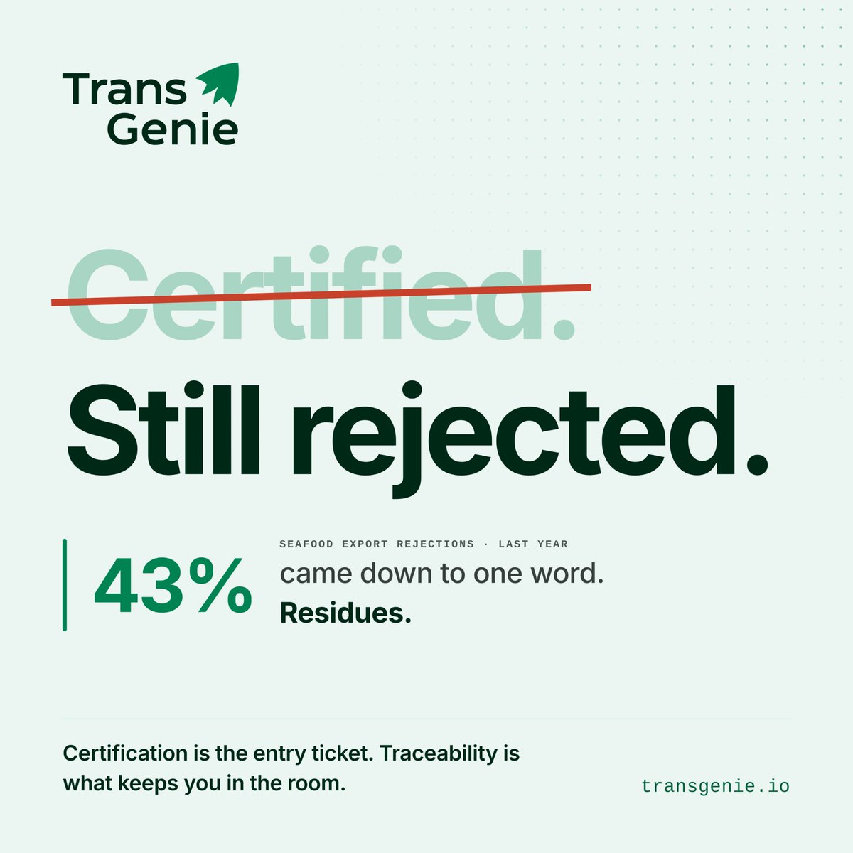 transgenieio's tweet photo. Certification gets you through the door.

Traceability keeps you there.

When residues lead to rejection, knowing where a product came from, what happened to it, and what went into it isn't optional.

Make every batch traceable.

#SeafoodTraceability #FoodSafety #SeafoodExport https://t.co/ZGFYOKThDE