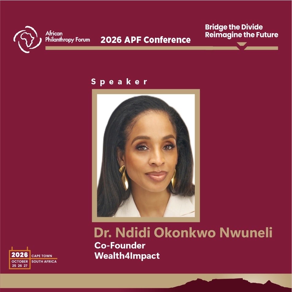 APForg's tweet photo. Meet another one of our speakers at the 2026 APF Conference!

Dr. @ndidiNwuneli, Co-Founder of Wealth4Impact.

Dr. Ndidi is an entrepreneur, business leader and philanthropist with three decades of experience across agriculture and food systems, consumer goods, strategic consulting and philanthropy. Through her work, she has helped drive business growth, shape policies and develop the next generation of African leaders.

She is the founder of LEAP Africa and co-founder of Sahel Consulting, AACE Foods and Wealth4Impact. She has also served on the boards of leading organisations including the Rockefeller Foundation, Foundation Chanel, Stanbic IBTC Group and the ONE Campaign.

A TED speaker and recognised global leader, Dr. Ndidi brings a wealth of experience in advancing sustainable development and creating economic opportunities across Africa.

Dr. Ndidi will be part of the conversations at the 2026 APF Conference, sharing perspectives on building stronger systems, creating opportunity and advancing sustainable development in Africa.

📍 Cape Town, South Africa

📅 October 25–27, 2026

#APF #2026APFConference #BridgeTheDivide #ReimagineTheFuture #AfricanPhilanthropy