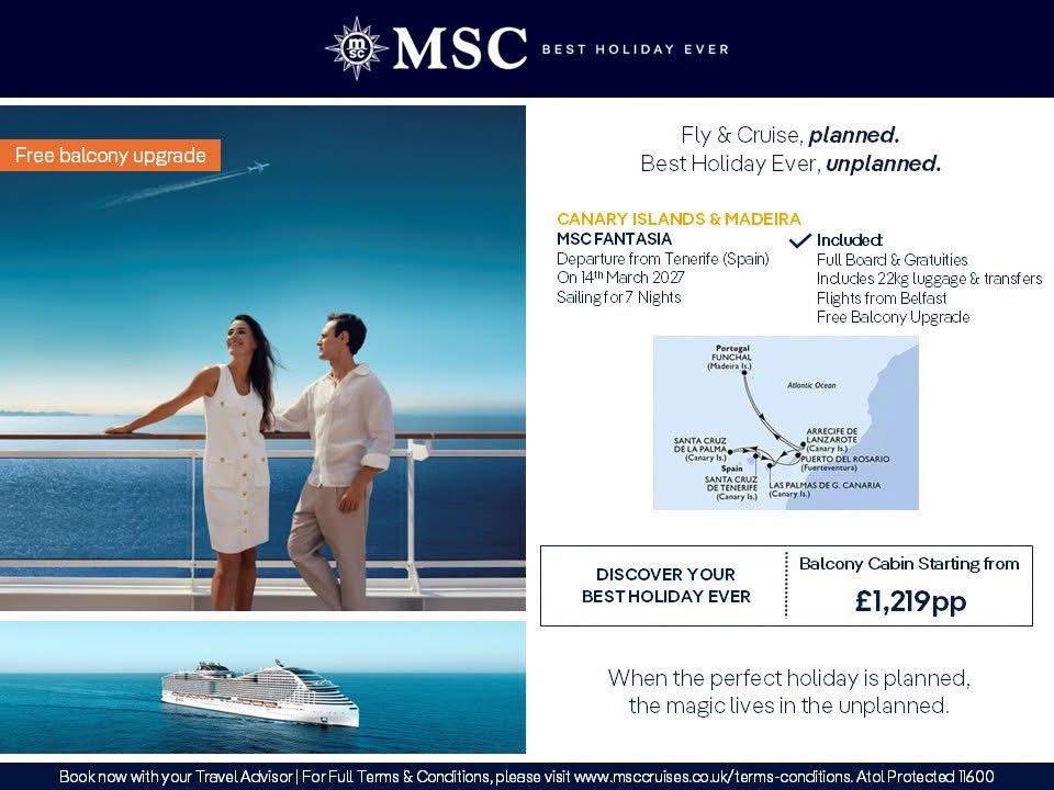 d06ukan's tweet photo. Canary Islands &amp; Madeira Escape: 14 March 2027, 7 nights onboard MSC Fantasia from Tenerife. Flights, luggage and transfers included, plus a free balcony upgrade. From £1, 219pp based on double occupancy. Call or DM Anne or Andy to enquire. https://t.co/cfJydePUmg