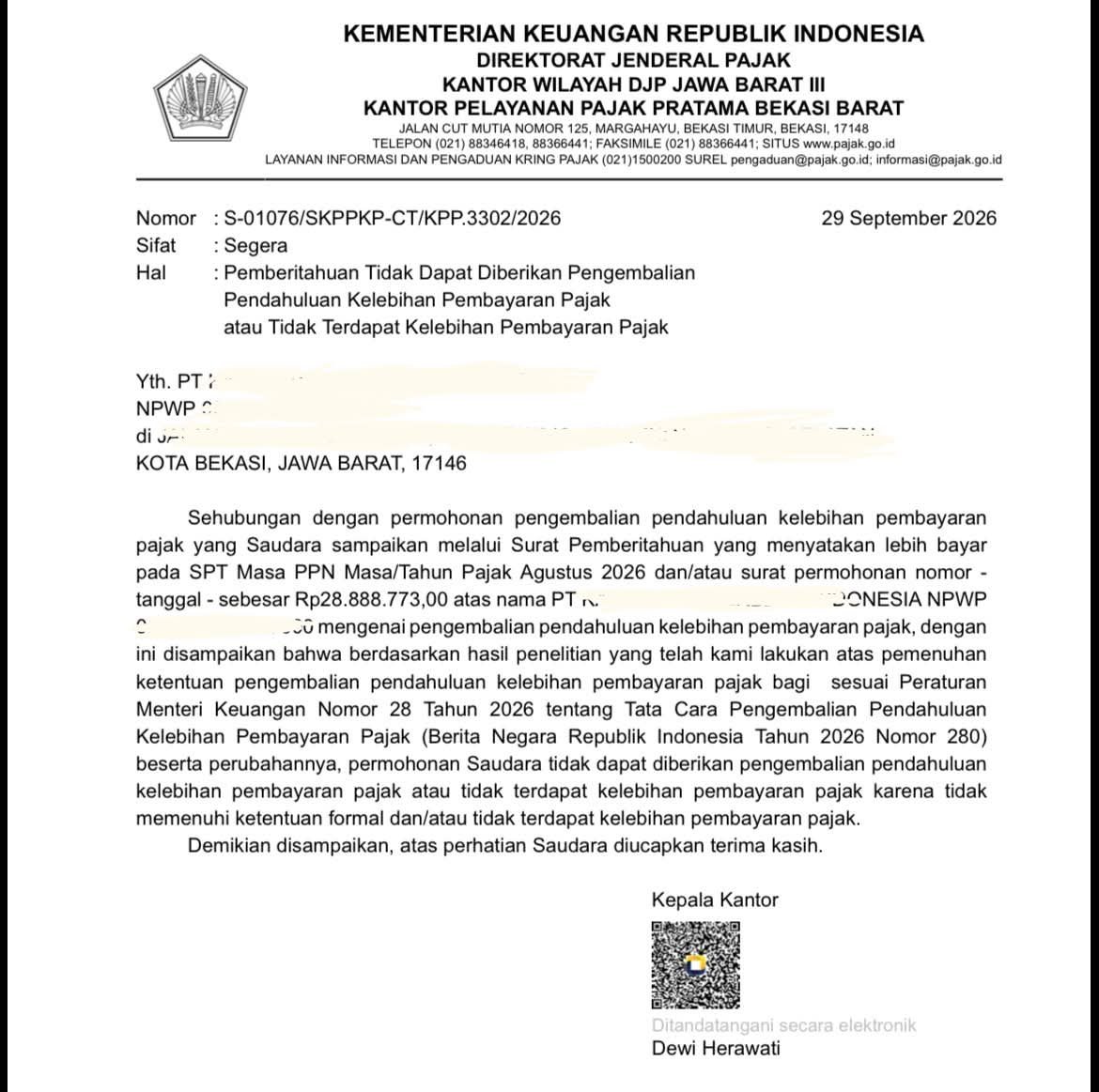 keluhkesahkonoh's tweet photo. Ternyata di Indonesia ada satu hal yang katanya lebih ribet daripada bayar pajak: minta kembali uang pajak yang dinyatakan lebih bayar. 😂

Perusahaan ini punya saldo PPN lebih bayar Rp28.888.773 yang sebelumnya sudah dikompensasikan dari masa pajak sebelumnya.

Di SPT Agustus 2026, statusnya masih lebih bayar Rp28.888.773. Mereka kemudian mengajukan permintaan supaya uang tersebut dikembalikan.

Tapi ternyata permintaannya ditolak dengan alasan tidak memenuhi ketentuan formal dan/atau tidak terdapat kelebihan pembayaran pajak.

Masalahnya, nggak dijelaskan secara spesifik apa yang salah. Faktur yang mana? Angka yang mana? Dokumen apa yang kurang? Dasar hukumnya apa?

Di Coretax, kasus restitusi kemudian berubah status menjadi “Selesai” dan “Kasus: Ditutup”.

Tapi pertanyaannya masih sama: uang Rp28,8 juta itu sebenarnya bagaimana? 😭

Yang diminta juga sebenarnya bukan subsidi, insentif, atau perlakuan khusus. Cuma kepastian.

Kalau memang salah, tolong dijelaskan salahnya. Kalau memang nggak berhak, jelaskan dasar hukumnya. Kalau harus diperiksa, jelaskan juga prosesnya.

Karena sekarang saldo lebih bayar malah jadi Rp0.

Jadi sebenarnya bagaimana ini? 😭