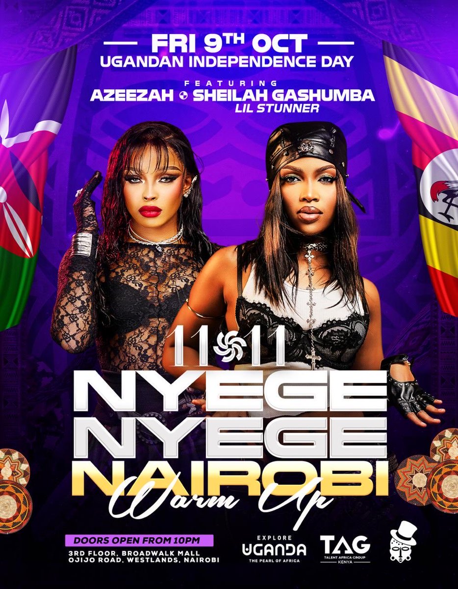 Mugibson's tweet photo. Friends in the +254, @talentafrica @TalentAfricaKe is bringing #NyegeNyege2026 to you this Independence Day Weekend 😮‍💨

@azeezah_h will be on the MIC &amp; @SheilahGashumba on the decks; happening on 3rd Floor, Broadwalk Mall (Westlands). You can’t miss this! Do Come thru! #TAGEvents https://t.co/GulDI0wqvS