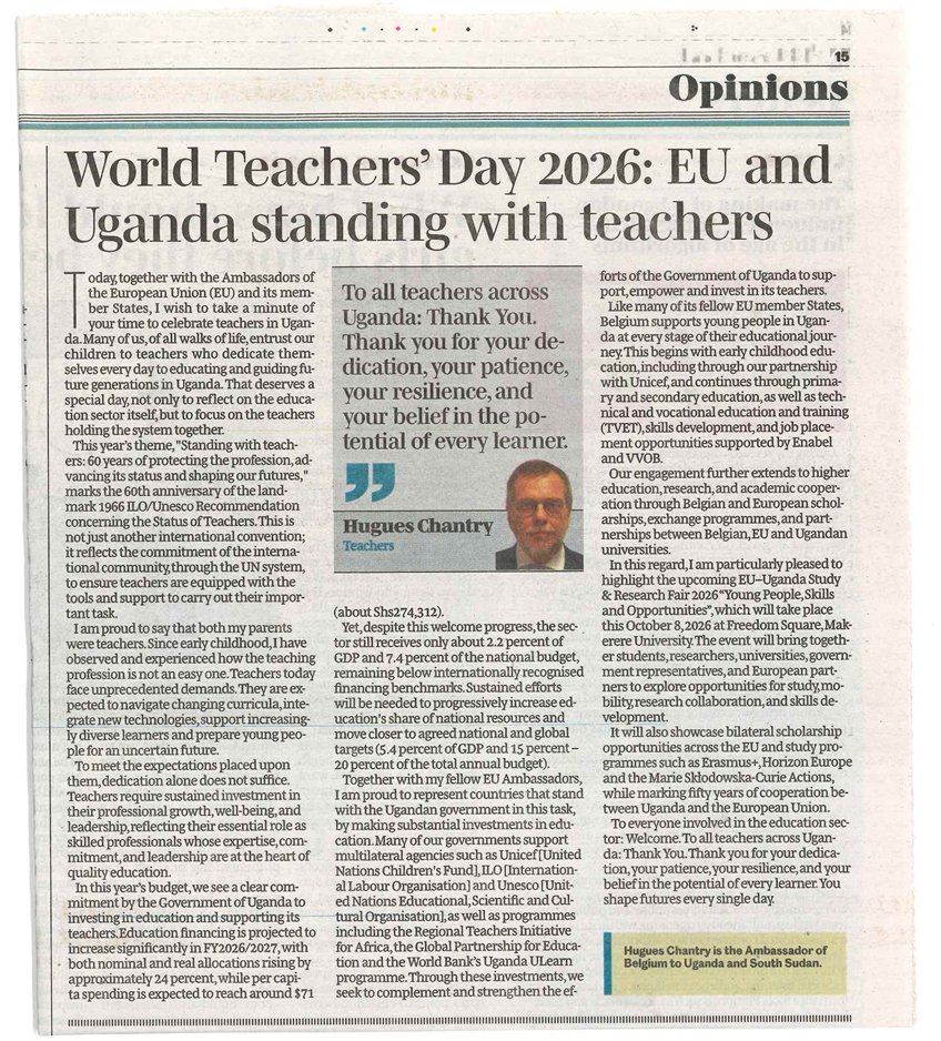 BelgiumInUganda's tweet photo. 📰In Op-Eds published today, H.E. Hugues Chantry marks #WorldTeachersDay2026 by recognizing the dedication of educators across #Uganda.
He highlights the critical need for sustained investment in #teacher well-being and professional growth to shape future generations. https://t.co/Vj2G6LVzLI