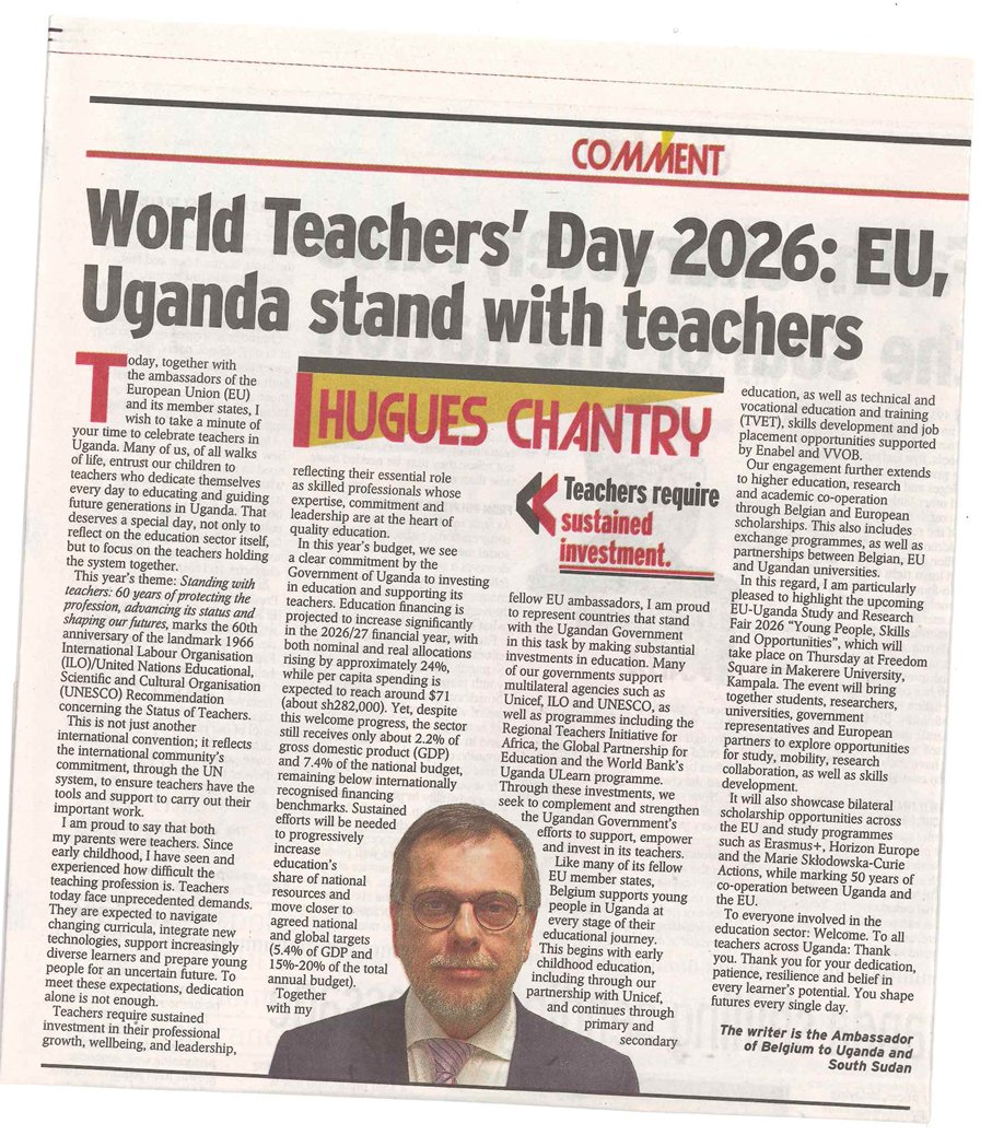BelgiumInUganda's tweet photo. 📰In Op-Eds published today, H.E. Hugues Chantry marks #WorldTeachersDay2026 by recognizing the dedication of educators across #Uganda.
He highlights the critical need for sustained investment in #teacher well-being and professional growth to shape future generations. https://t.co/Vj2G6LVzLI