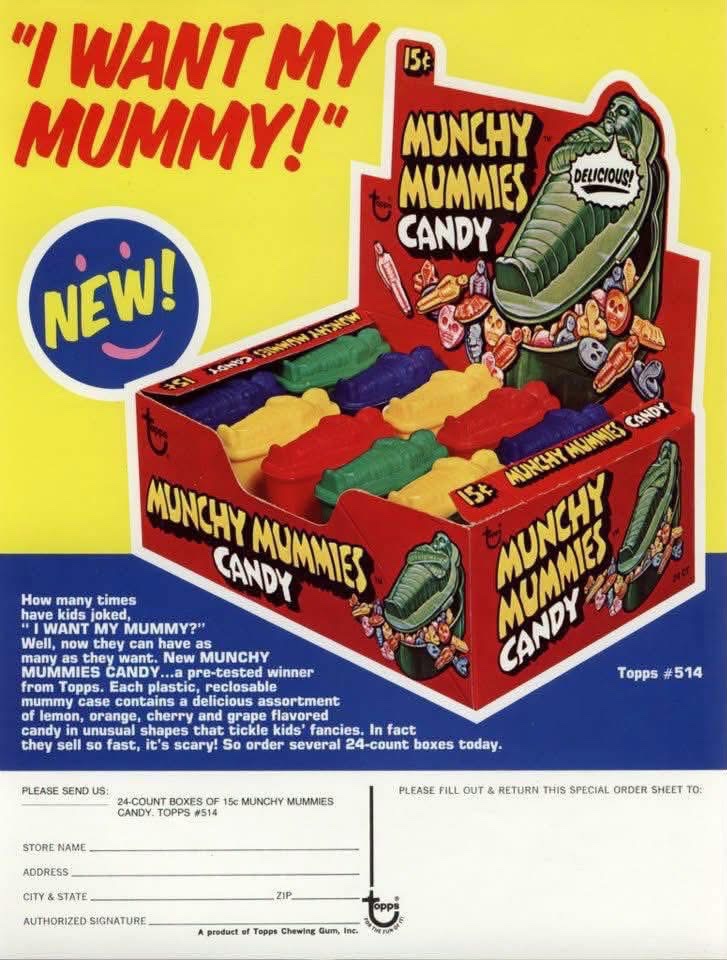 toys_retro's tweet photo. Munchy Mummies Candy — “I Want My Mummy!” 👻🍬 #MunchyMummies #Topps #VintageCandy #RetroCandy #HalloweenCandy #VintageHalloween https://t.co/9YupZAU7k2