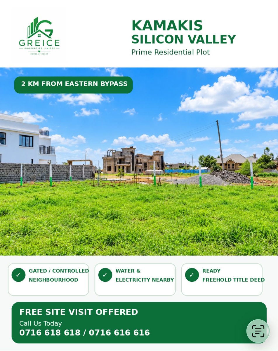 GreiceLimited's tweet photo. Kamakis silicon valley plot for sale just 2km from eastern bypass. 
50 by 80
@ 3.5million 
#RealEstateInvesting #plotsforsale https://t.co/S5EwIHuqjC