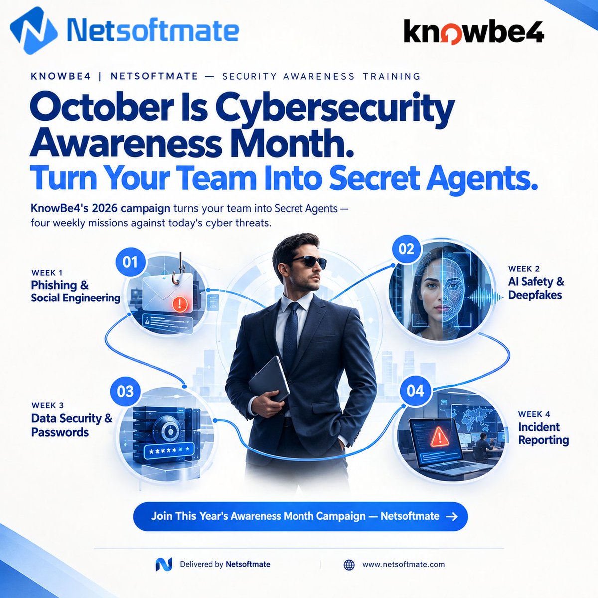 Netsoftmate's tweet photo. Cybersecurity awareness starts with your people.

This October, @Netsoftmate  &amp; @KnowBe4  focus on phishing, AI deepfakes, data security &amp; incident reporting.

🌐 https://t.co/IN8RNFZYYx

#Netsoftmate #KnowBe4 #CyberSecurity #CyberAwarenessMonth https://t.co/f5yc3HLxrh