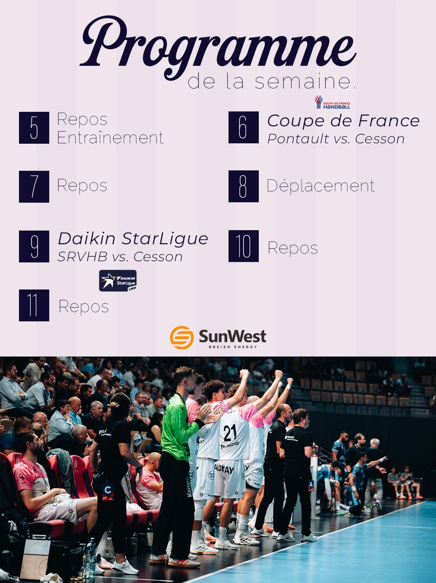 crmhb's tweet photo. Programme de la semaine 🔛

2 matchs à l'extérieur au programme, le premier en Coupe de France, le second en Daikin StarLigue. 

🗓️ 06/10 
🏆 Deuxième tour - CDF
⚔️ Pontault - 20h00
📺 Handball TV

🗓️ 09/10
🏆 J6 - Daikin StarLigue
⚔️ SRVHB - 19h30
📺 Handball TV

#Irréductibles https://t.co/9DRgnV40WX