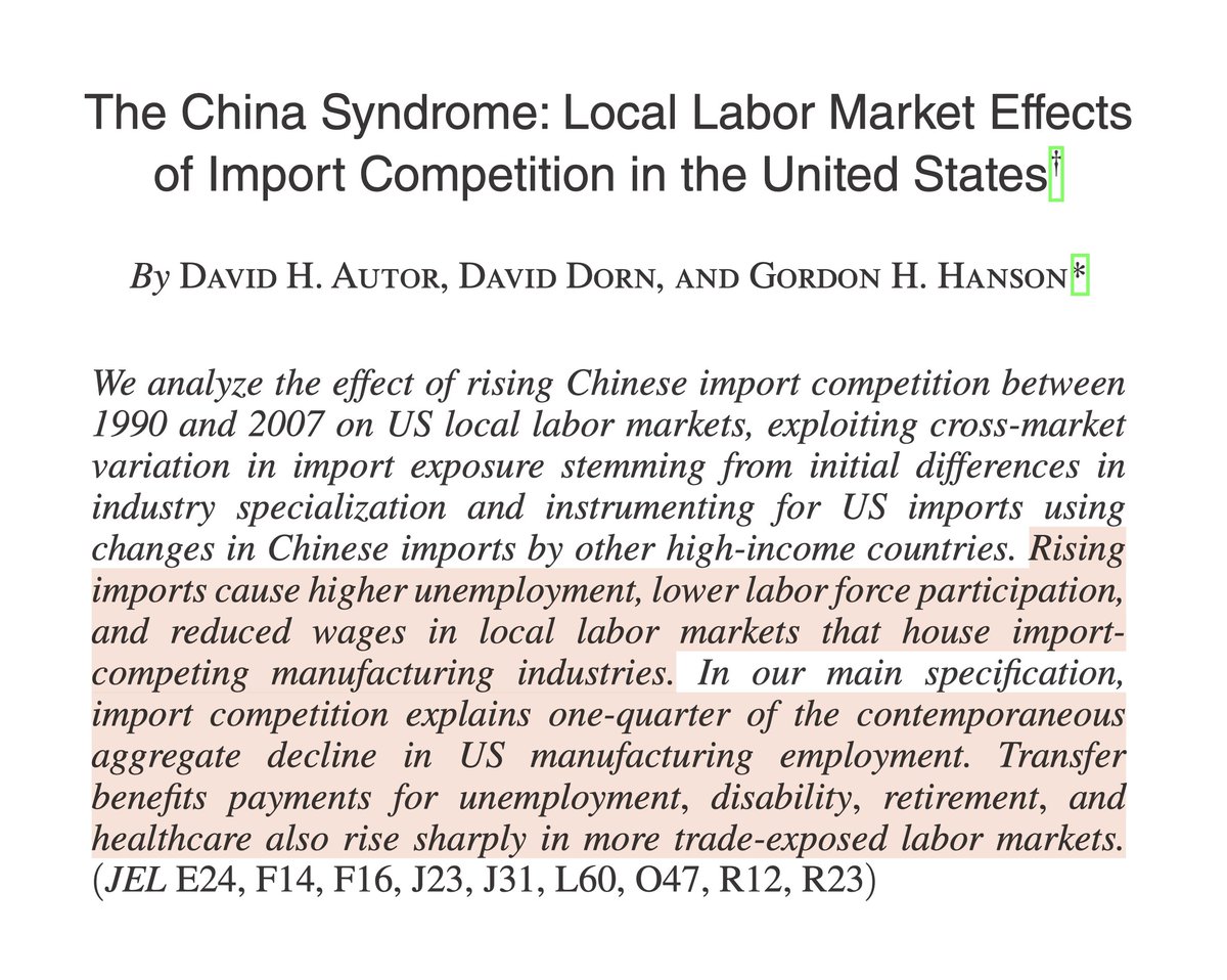 joefrancis505's tweet photo. The "central message" of Autor et al. (2013) was found in the article's abstract: Chinese imports "cause higher unemployment, lower labor force participation, and reduced wages in local labor markets that house import competing manufacturing industries"; also "import competition explains one-quarter of the contemporaneous aggregate decline in US manufacturing employment. Transfer benefits payments for unemployment, disability, retirement, and healthcare also rise sharply in more trade-exposed labor markets."

Autor and Hanson reiterated their "central message" in even simpler terms in their 2025 op-ed in the New York Times: China "helped erase nearly a quarter of all U.S. manufacturing jobs... Waves of inexpensive goods from China imploded the economic foundations of places where manufacturing was the main game in town."

If you want, then, you can respond to my EJW article by rewriting their "central message." Yet the historical record persists...