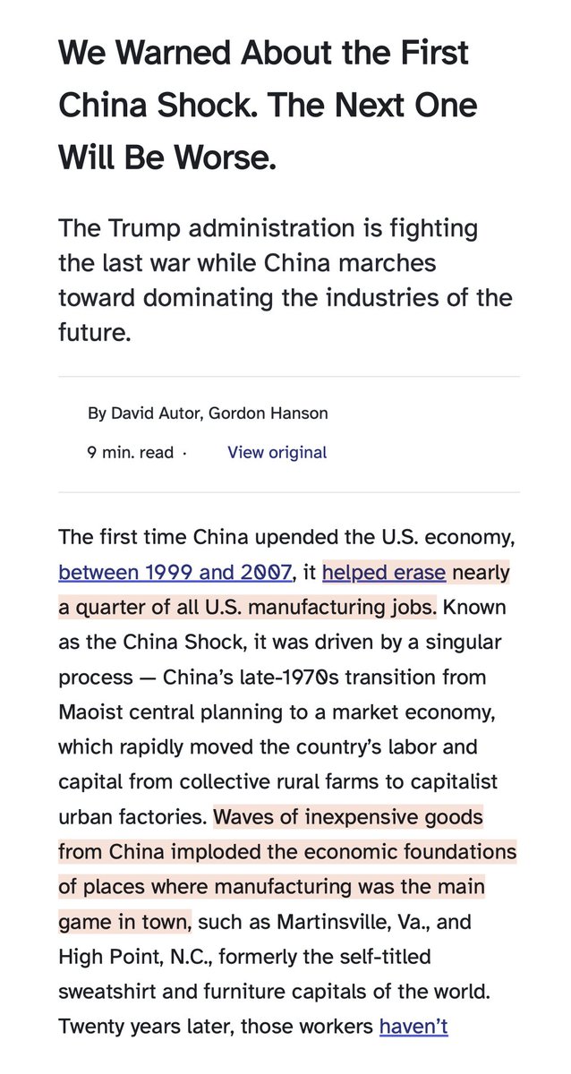 joefrancis505's tweet photo. The "central message" of Autor et al. (2013) was found in the article's abstract: Chinese imports "cause higher unemployment, lower labor force participation, and reduced wages in local labor markets that house import competing manufacturing industries"; also "import competition explains one-quarter of the contemporaneous aggregate decline in US manufacturing employment. Transfer benefits payments for unemployment, disability, retirement, and healthcare also rise sharply in more trade-exposed labor markets."

Autor and Hanson reiterated their "central message" in even simpler terms in their 2025 op-ed in the New York Times: China "helped erase nearly a quarter of all U.S. manufacturing jobs... Waves of inexpensive goods from China imploded the economic foundations of places where manufacturing was the main game in town."

If you want, then, you can respond to my EJW article by rewriting their "central message." Yet the historical record persists...