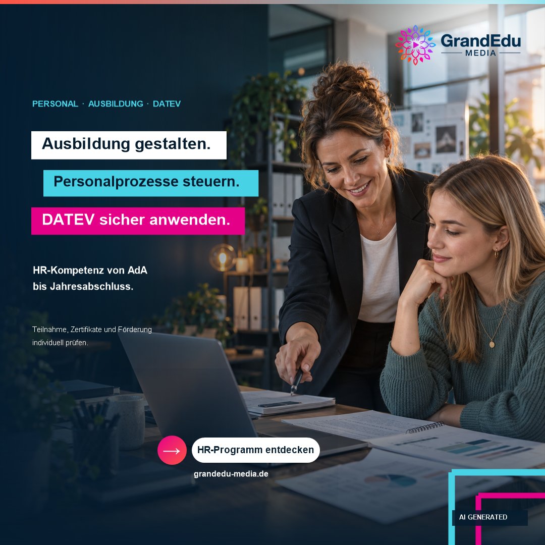 GrandEduMedia's tweet photo. Werbung: HR-Kompetenz praxisnah verbinden – von Ausbildung und Arbeitsrecht bis DATEV und Rechnungswesen. Teilnahme, Zertifikate und Förderung werden individuell geprüft. https://t.co/iCdrU866Z6 https://t.co/uMaHIiE9FD