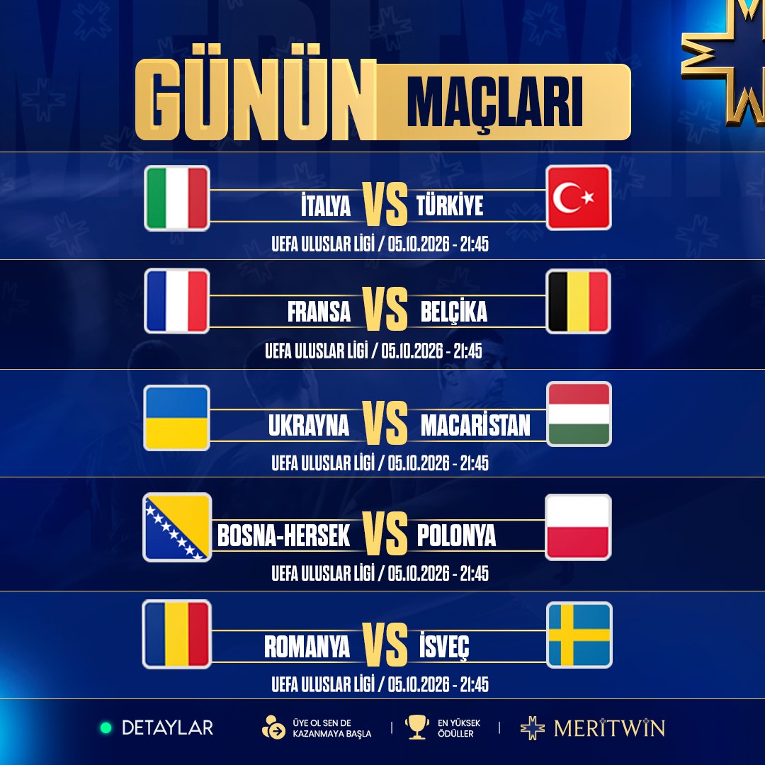 meritwinsosyal's tweet photo. ⚽️ GÜNÜN MAÇLARI | 05 EKİM PAZARTESİ

🇮🇹 İtalya 🆚 Türkiye 🇹🇷 — 21:45
🇫🇷 Fransa 🆚 Belçika 🇧🇪 — 21:45
🇺🇦 Ukrayna 🆚 Macaristan 🇭🇺 — 21:45
🇧🇦 Bosna-Hersek 🆚 Polonya 🇵🇱 — 21:45
🇷🇴 Romanya 🆚 İsveç 🇸🇪 — 21:45

🔥 Futbol dolu bir gece seni bekliyor!
Favori maçını seç, heyecana ortak ol. ⚡️

📲 Telegram: https://t.co/maeCpi4vRD
📺 Canlı Yayın: https://t.co/yvZugn7yql
🔗 Güncel Adres: https://t.co/l9PRzdGtbW