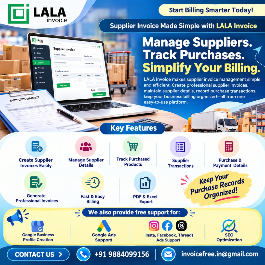 Lala_invoice's tweet photo. πManage Suppliers. Track Purchases. Simplify Your Billing with LALA Invoice!π§Ύ
πStart billing smarter and keep your purchase records organized with LALA Invoice!
π Visit: https://t.co/oIkzgSzh25
π Phone: +91 9884099156
#LALAInvoice #SupplierInvoice #BillingSoftware https://t.co/XMcDun0fXx
