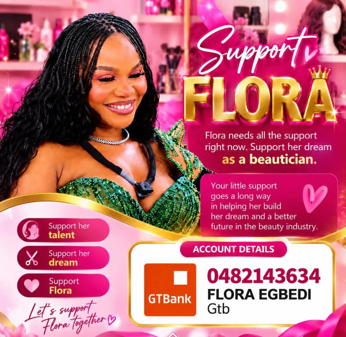 GistByJazzy's tweet photo. Our girl is home, and a new chapter begins. 🌸

Flora gave us her all.
 Now, let’s show her some love and support. 🙏🏽❤️

Any amount you can contribute is appreciated. Let’s support Flora beyond the house🌸

@Flora_omoko 
 #BBNaija https://t.co/BWaaKwJBDb