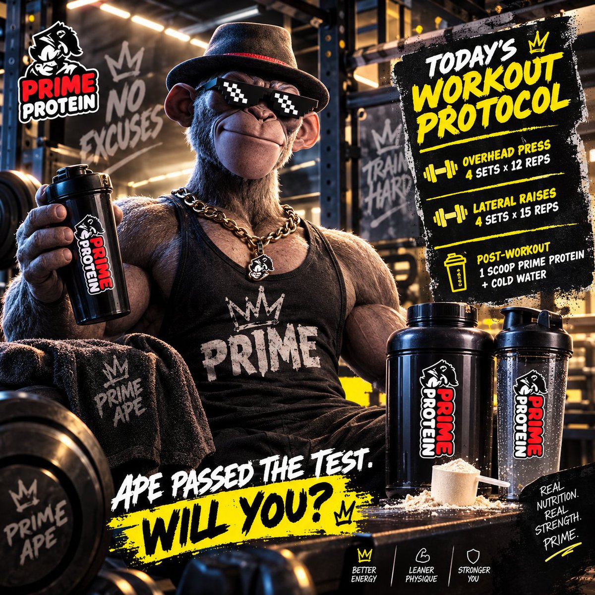 PrimeApePlanet's tweet photo. Want shoulders like a Prime Ape? Here is today’s workout protocol:
🏋️♂️ Overhead Press: 4 sets x 12 reps
🏋️♂️ Lateral Raises: 4 sets x 15 reps
🥤 Post-Workout: 1 Scoop Prime Protein + Cold Water
Ape passed the test. Will you?
#PrimeGym #ApeWorkout #FitnessCommunity https://t.co/bcGLEryH45