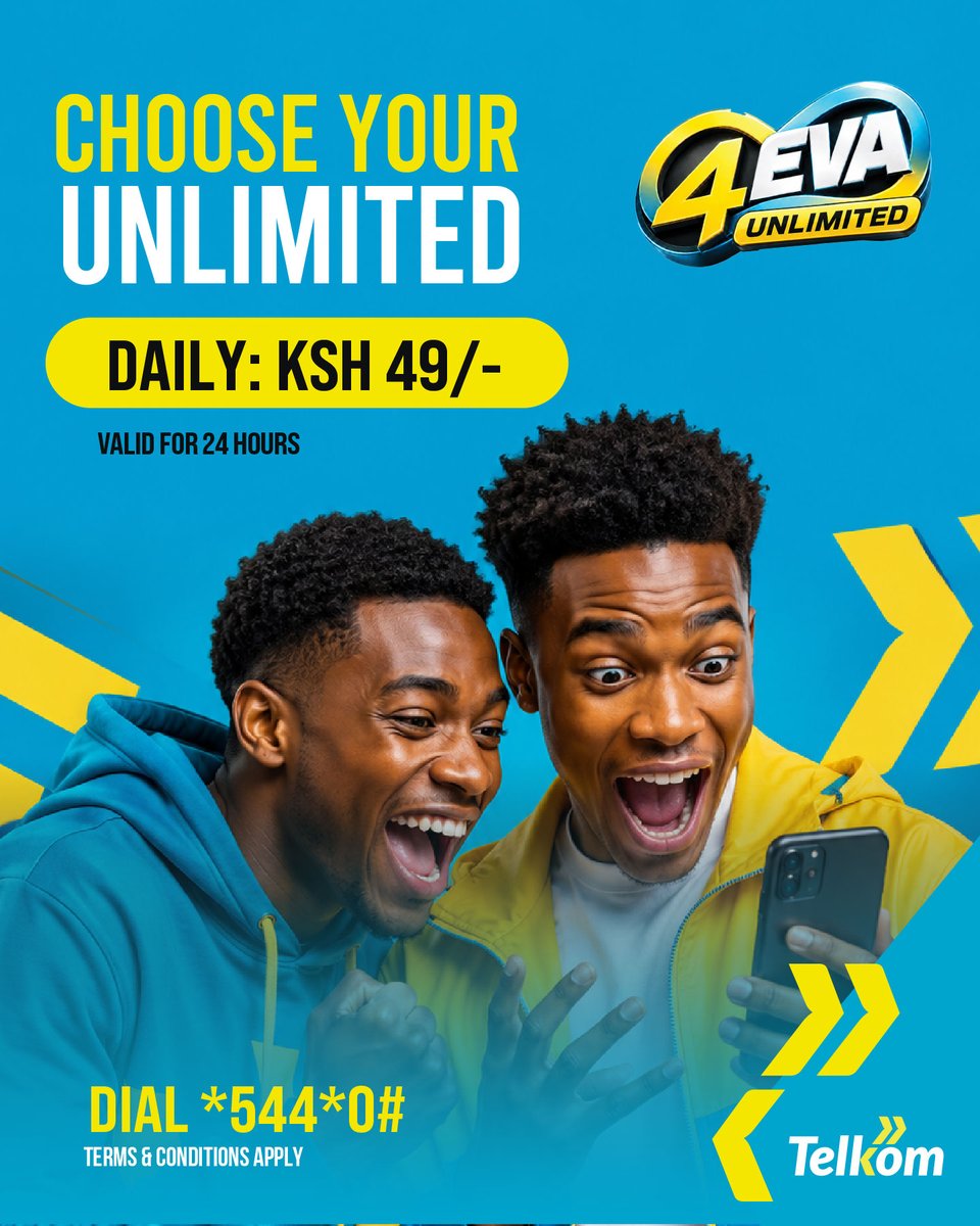 TelkomKenya's tweet photo. Enjoy unlimited internet without the worry of running out of data!

⏰ 3 Hours – Ksh 19
📅 24 Hours – Ksh 49
🗓️ 7 Days – Ksh 299
📆 30 Days – Ksh 1,299

Choose your Unlimited and stay connected your way. 

Dial *544*0# now! https://t.co/NJRFc7YmYX