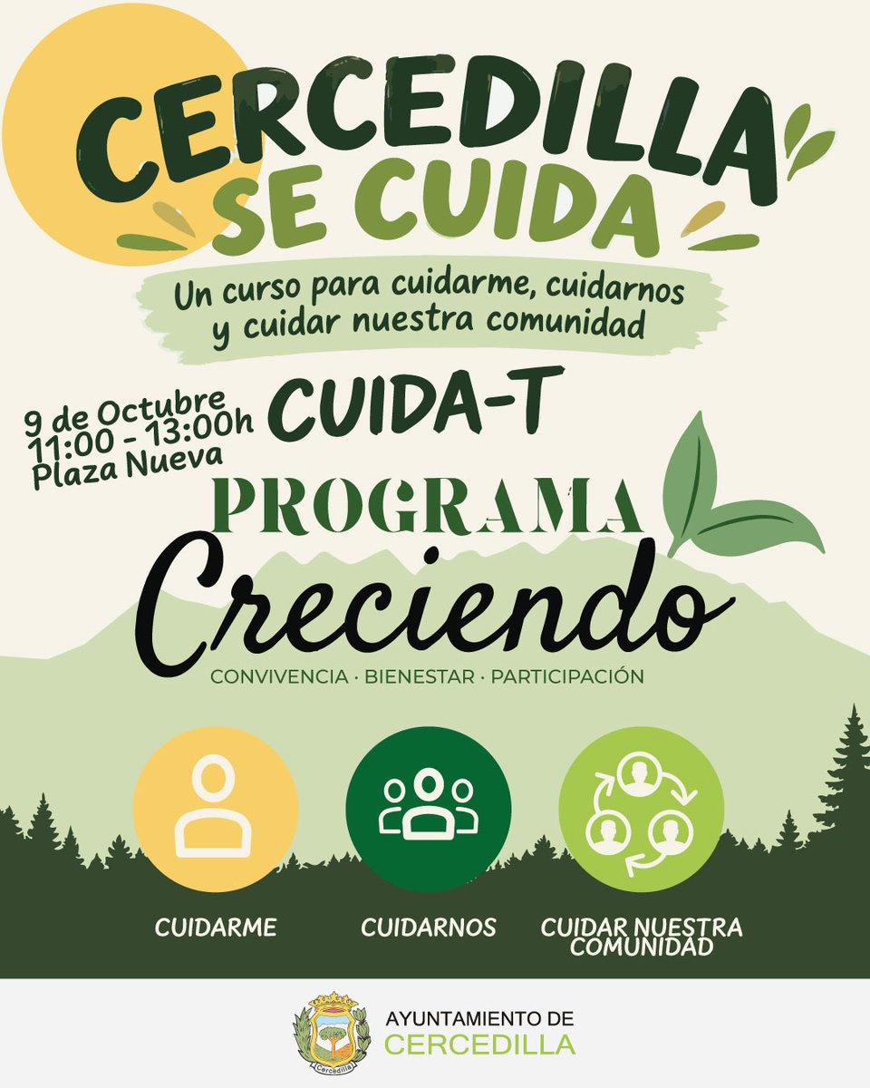 AytoCercedilla's tweet photo. 💚 Cercedilla se cuida: este 9 de octubre, de 11:00 a 13:00 h, te esperamos en la Plaza Mayor por el Día Mundial de la Salud Mental.
Una jornada abierta organizada por el Programa Creciendo y los centros educativos. ¡Hablemos de bienestar emocional! 🌱🤝

#SaludMental #Cercedilla https://t.co/pb1lsWde8i